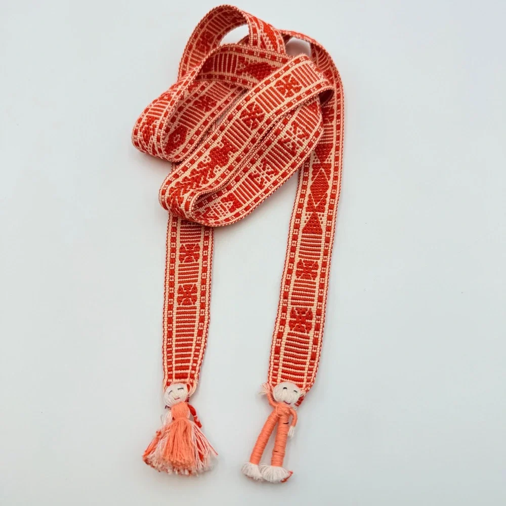 Vintage Handwoven Folk Art Sash Belt Orange Geometric Worry Doll Tassels 52